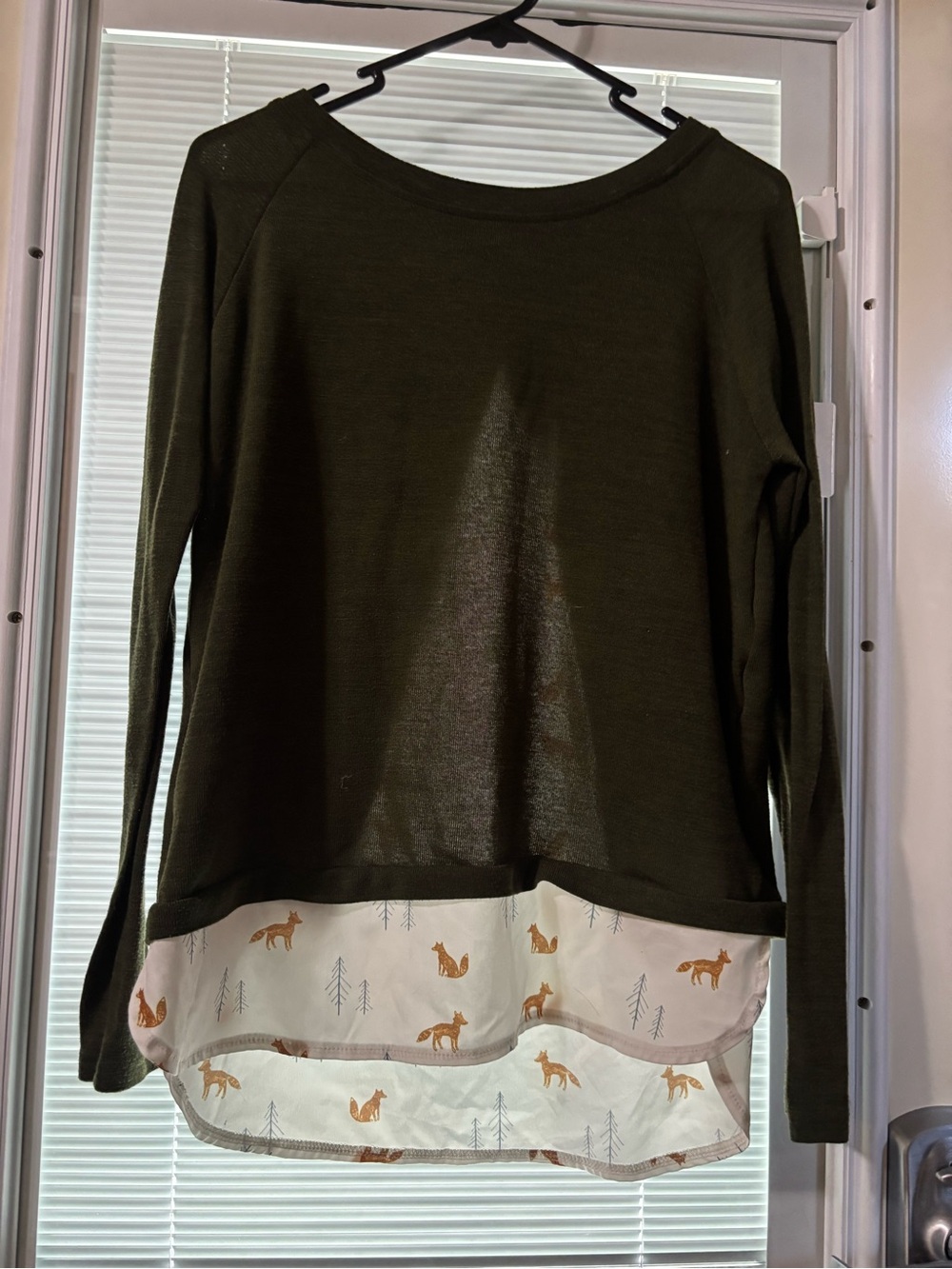 Women's Olive Green Layered Hem Blouse with Fox Print